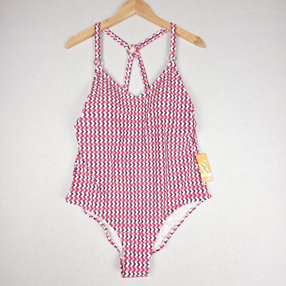 NWT Kona Sol Women One-Piece Swim 16 Red White Blue Gold Ring CrisCross Adjust - Picture 1 of 16